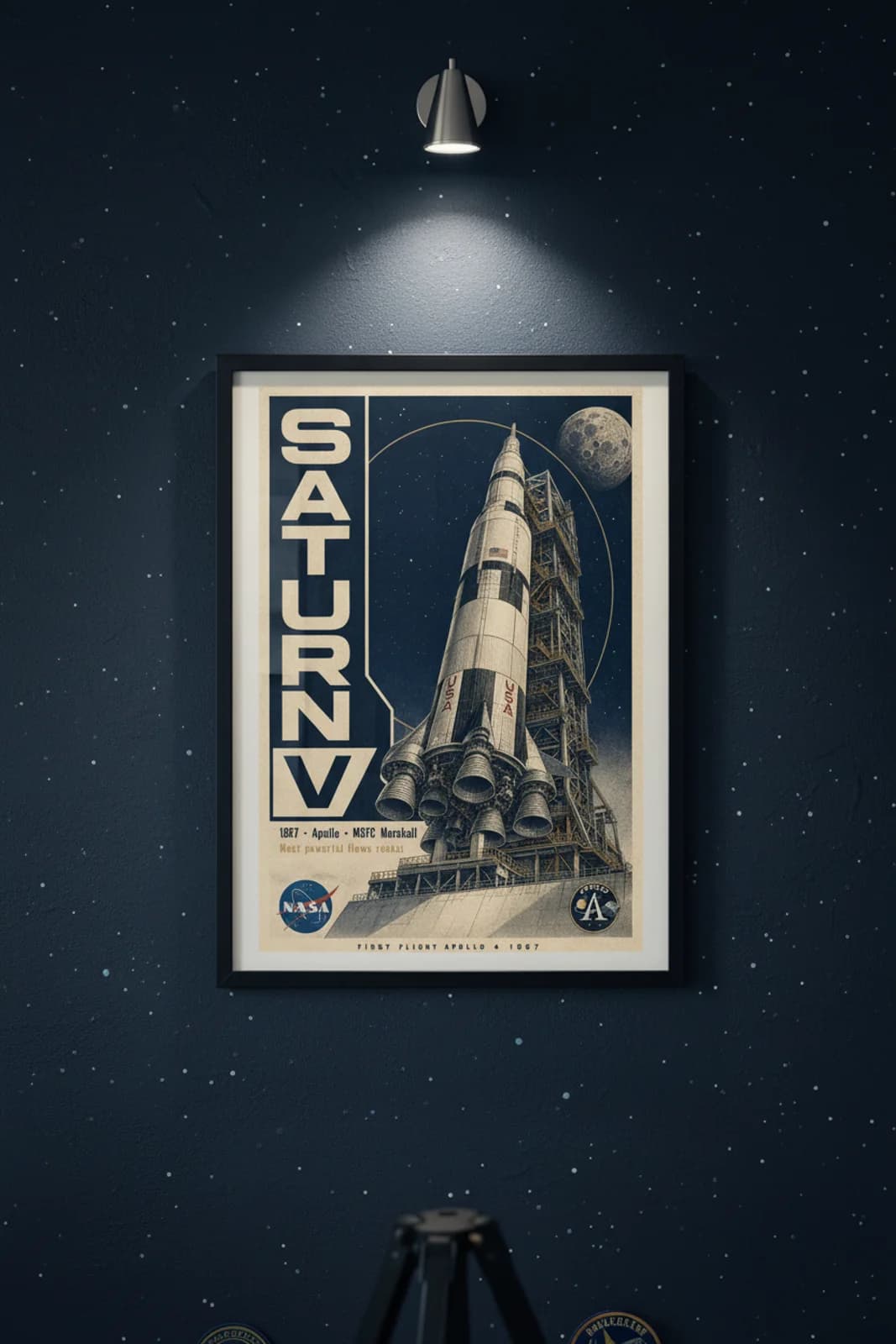 Saturn V poster in black A2 frame on deep-navy-space deep space navy wall — NASA Heritage collector study mockup