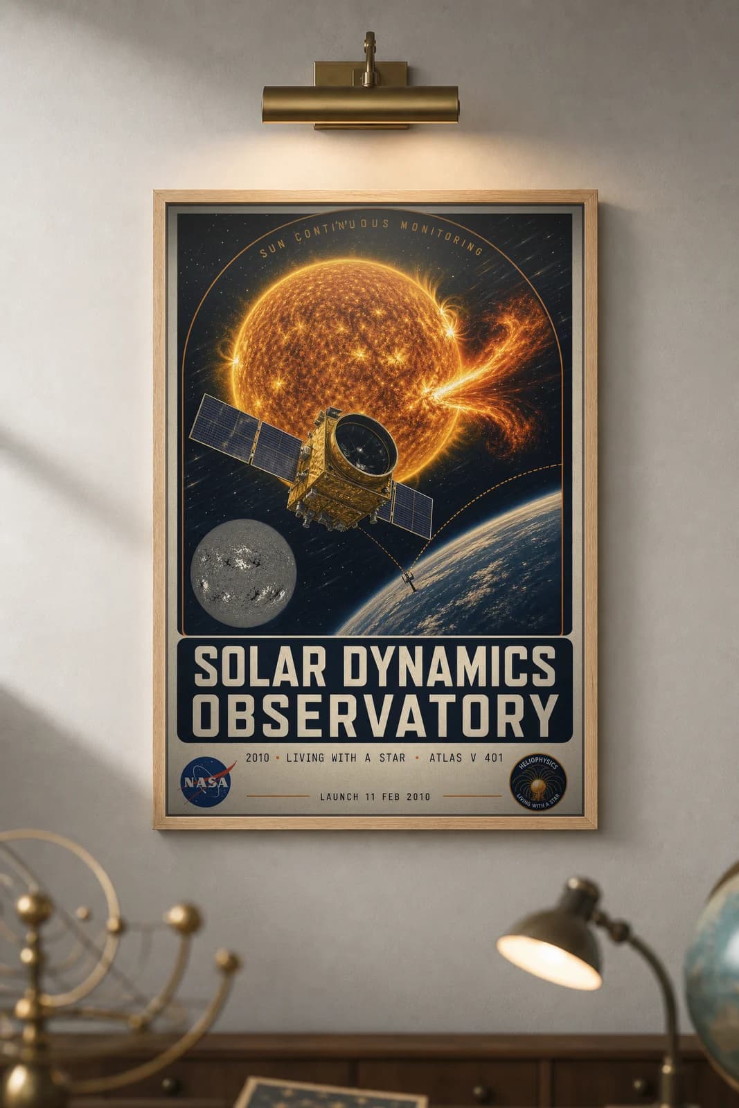 SOLAR DYNAMICS OBSERVATORY poster in black A2 frame on navy-arch-frame deep space navy wall — NASA Heritage collector study mockup