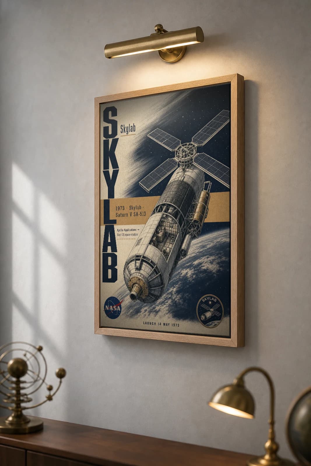 Skylab Poster — 1973 Saturn V SA-513 NASA Heritage Collector Print — the framed print shown at a three-quarter angle on a styled gallery wall in a natural-oak frame