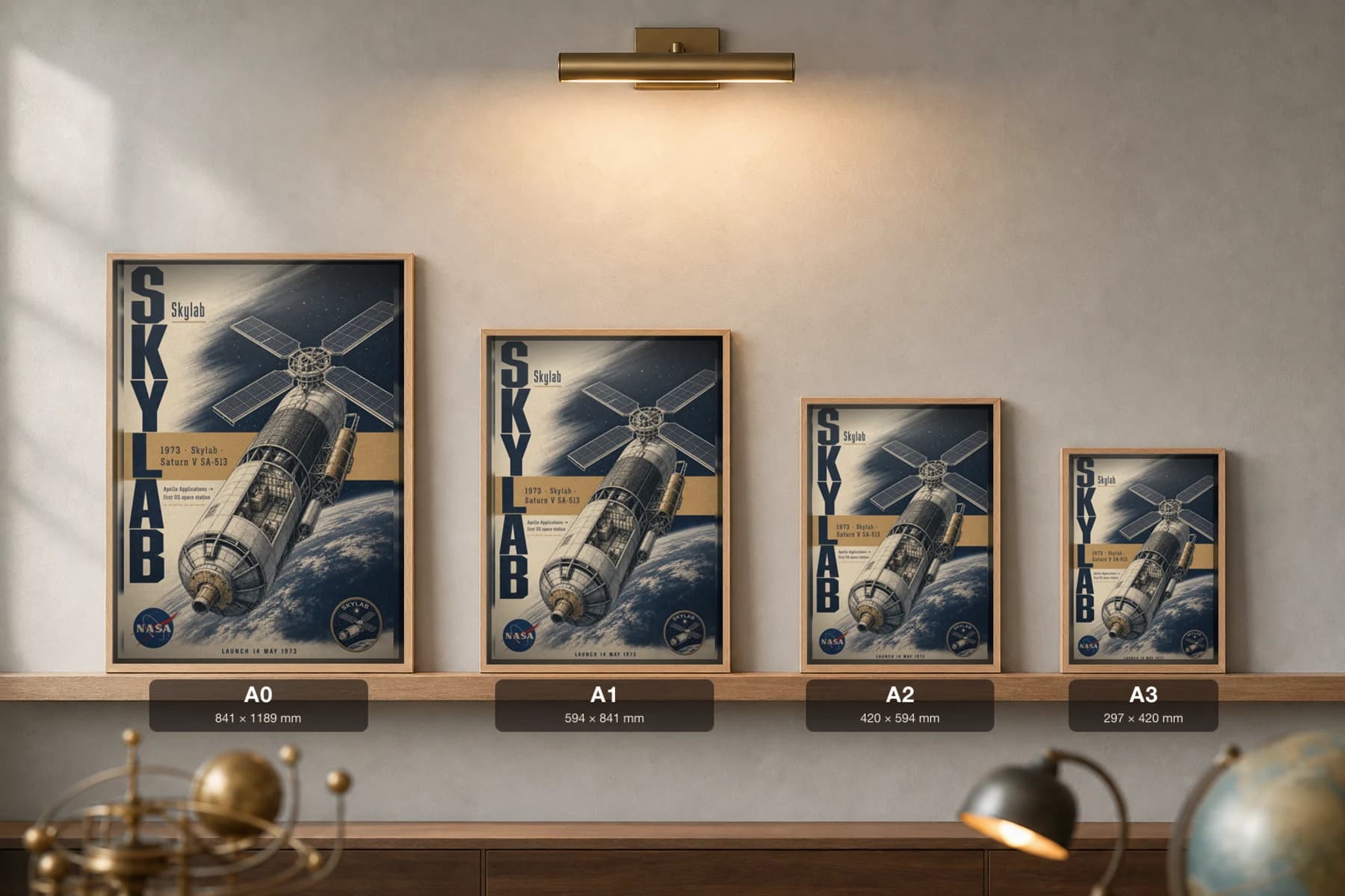 Skylab Poster — 1973 Saturn V SA-513 NASA Heritage Collector Print — print size guide showing the artwork at A0, A1, A2 and A3 in natural-oak frames at true relative scale