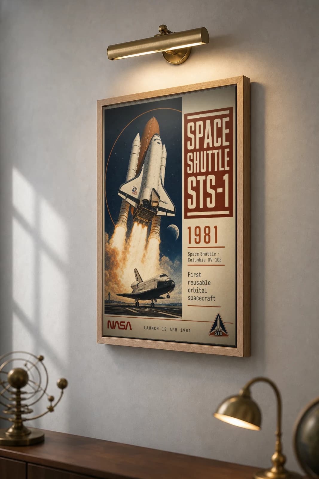Space Shuttle STS-1 Poster — 1981 Columbia OV-102 NASA Heritage Collector Print — the framed print shown at a three-quarter angle on a styled gallery wall in a natural-oak frame