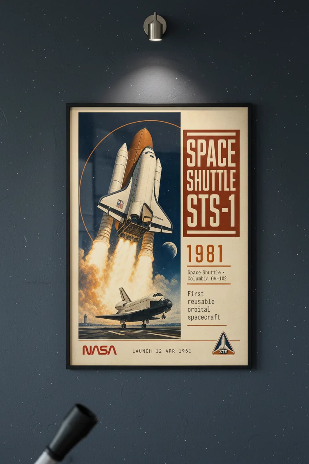 Space Shuttle STS-1 — NASA Heritage Collector poster in black A2 frame on shuttle-white-black deep space navy wall — NASA Heritage collector study mockup