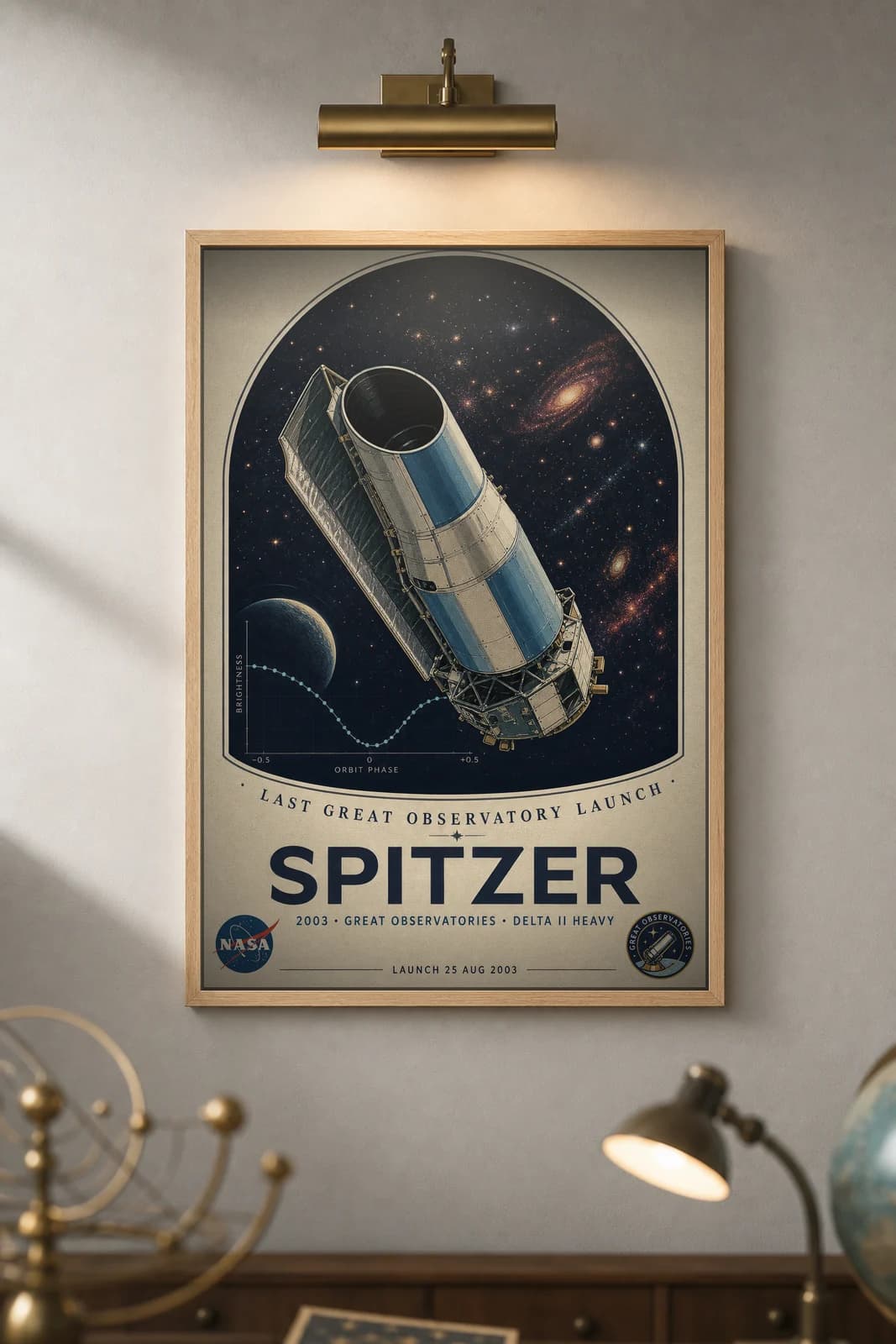 SPITZER poster in black A2 frame on navy-arch-frame deep space navy wall — NASA Heritage collector study mockup