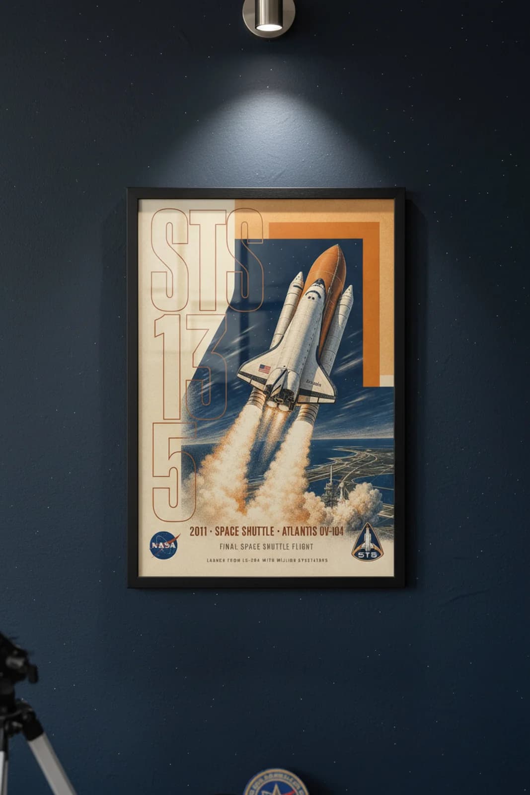 STS-135 poster in black A2 frame on shuttle-orange-brown-type deep space navy wall — NASA Heritage collector study mockup