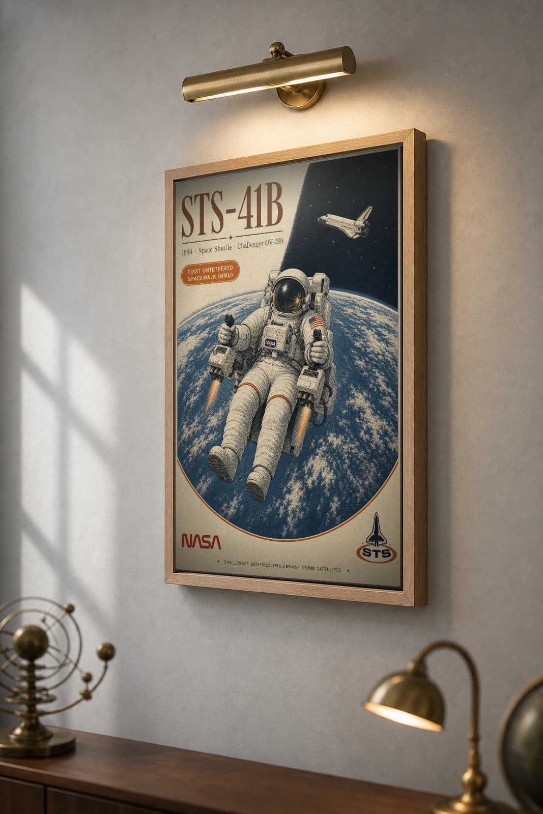 STS-41B Poster — 1984 Challenger MMU Untethered Spacewalk NASA Heritage Collector Print — the framed print shown at a three-quarter angle on a styled gallery wall in a natural-oak frame