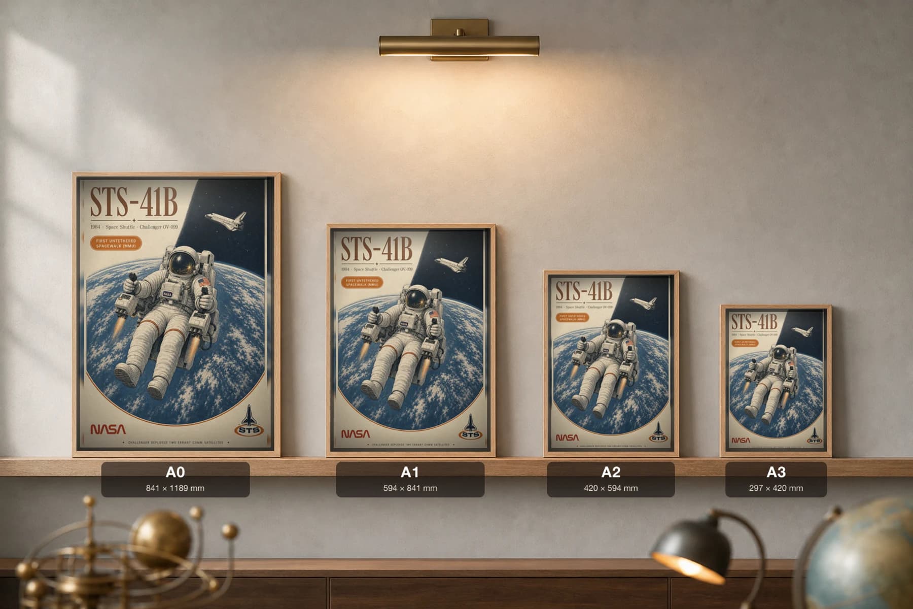 STS-41B Poster — 1984 Challenger MMU Untethered Spacewalk NASA Heritage Collector Print — print size guide showing the artwork at A0, A1, A2 and A3 in natural-oak frames at true relative scale