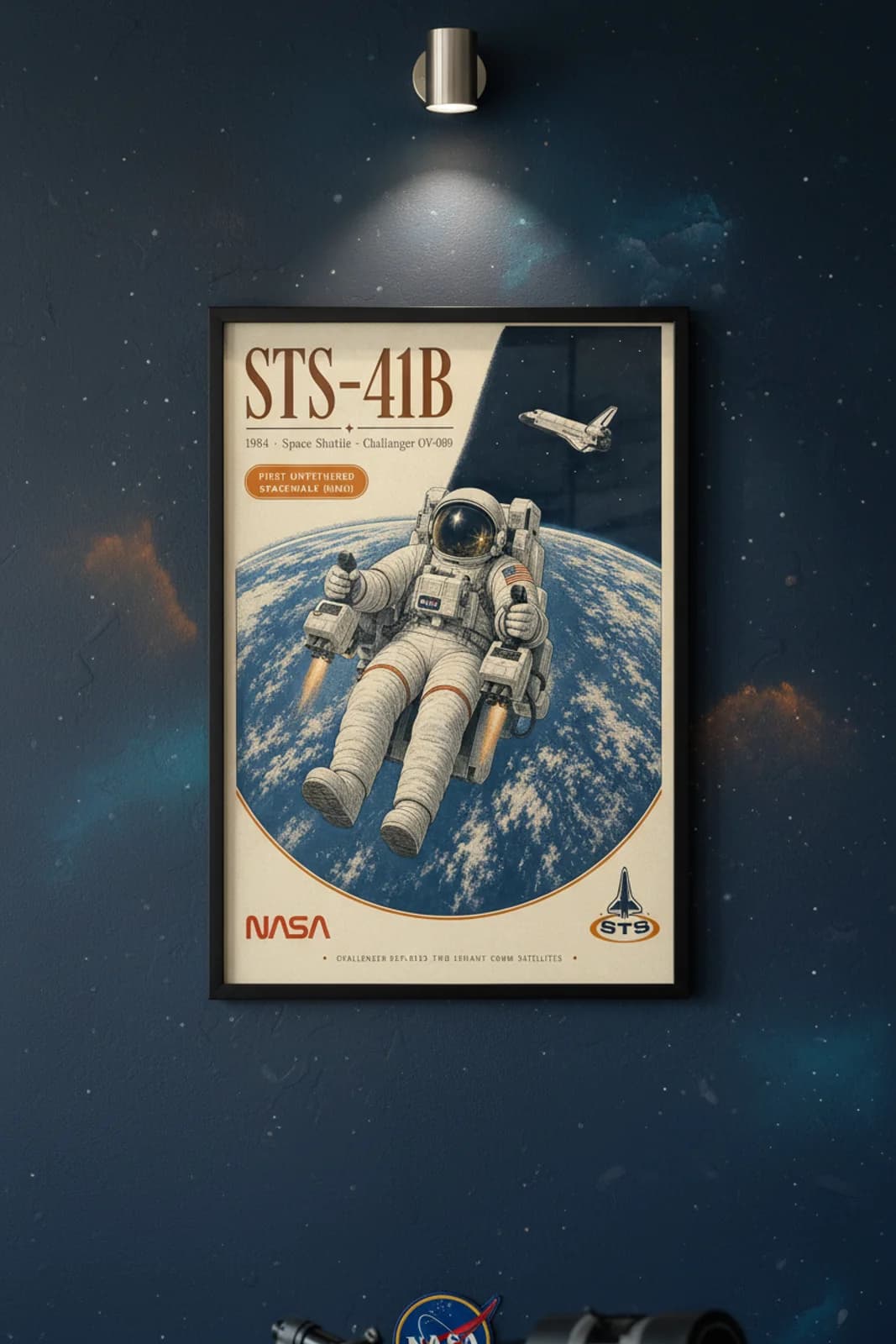STS-41B poster in black A2 frame on shuttle-orange-brown-type deep space navy wall — NASA Heritage collector study mockup