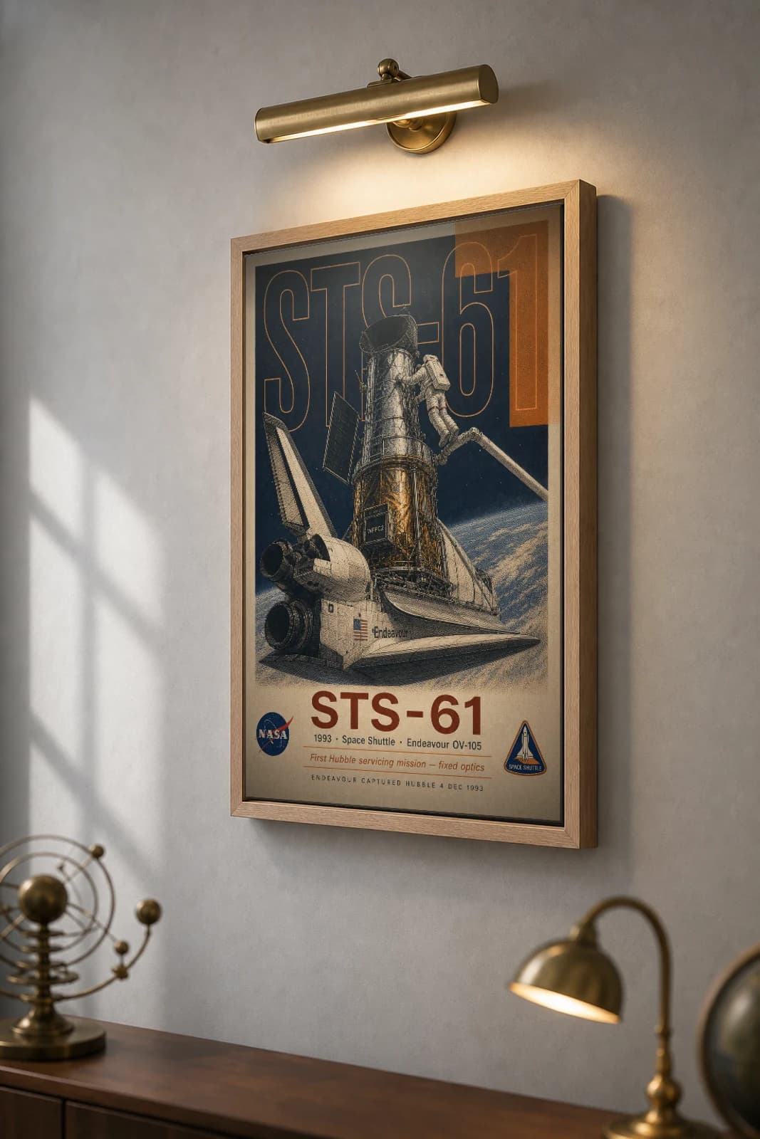 STS-61 Poster — 1993 Endeavour Hubble First Servicing NASA Heritage Collector Print — the framed print shown at a three-quarter angle on a styled gallery wall in a natural-oak frame