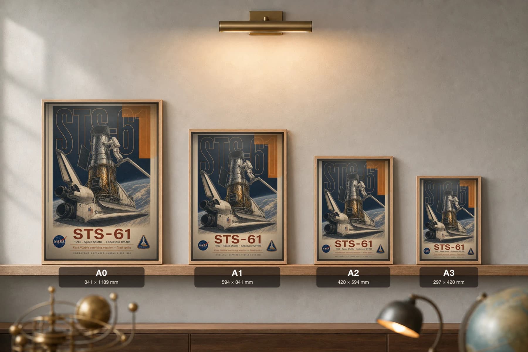 STS-61 Poster — 1993 Endeavour Hubble First Servicing NASA Heritage Collector Print — print size guide showing the artwork at A0, A1, A2 and A3 in natural-oak frames at true relative scale