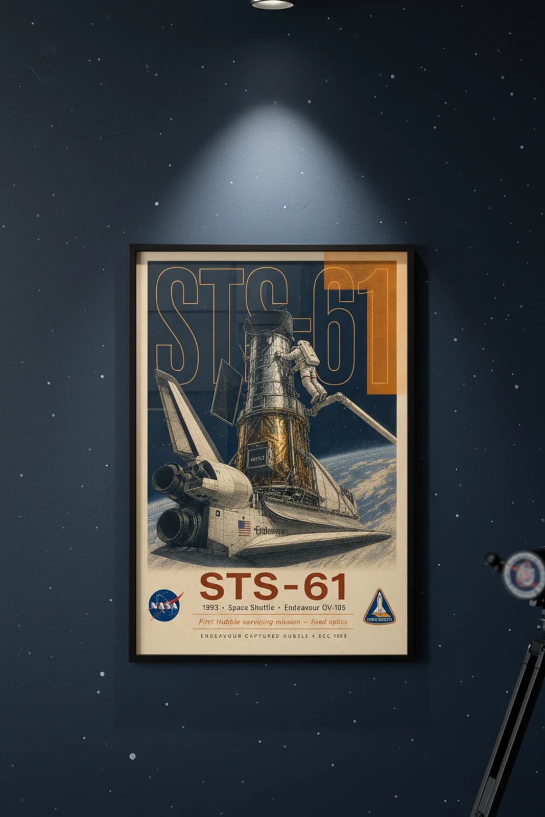 STS-61 poster in black A2 frame on shuttle-navy-sky deep space navy wall — NASA Heritage collector study mockup