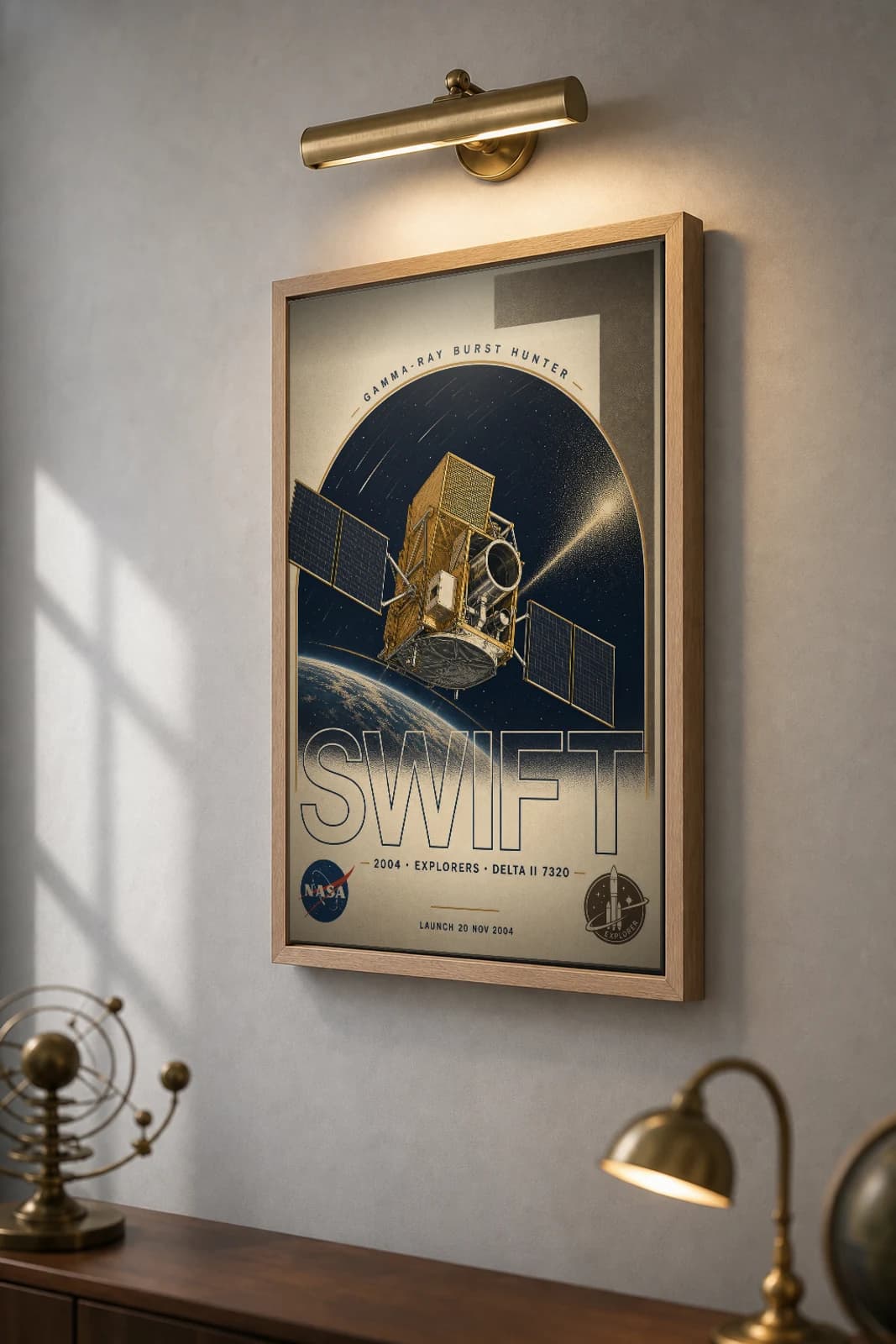 Swift Poster — 2004 Delta II GRB Hunter NASA Heritage Collector Print — the framed print shown at a three-quarter angle on a styled gallery wall in a natural-oak frame