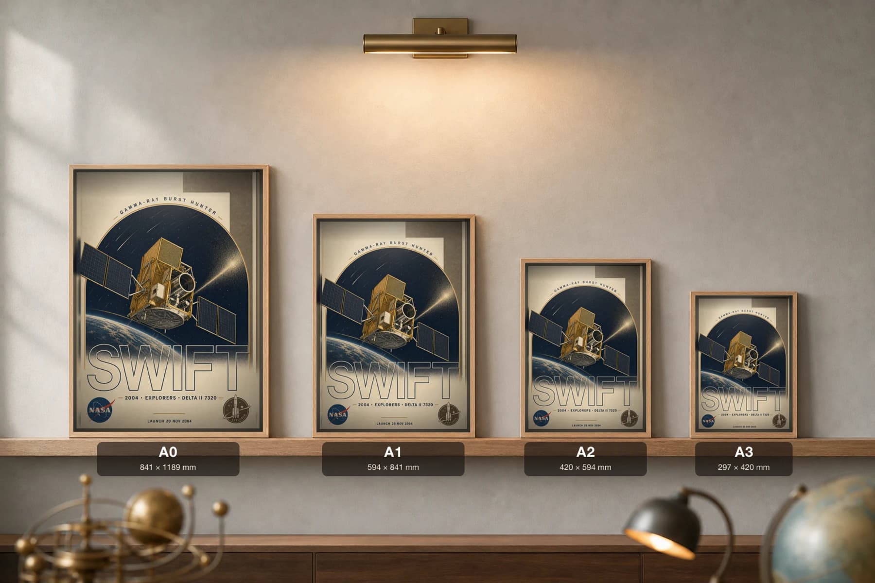 Swift Poster — 2004 Delta II GRB Hunter NASA Heritage Collector Print — print size guide showing the artwork at A0, A1, A2 and A3 in natural-oak frames at true relative scale