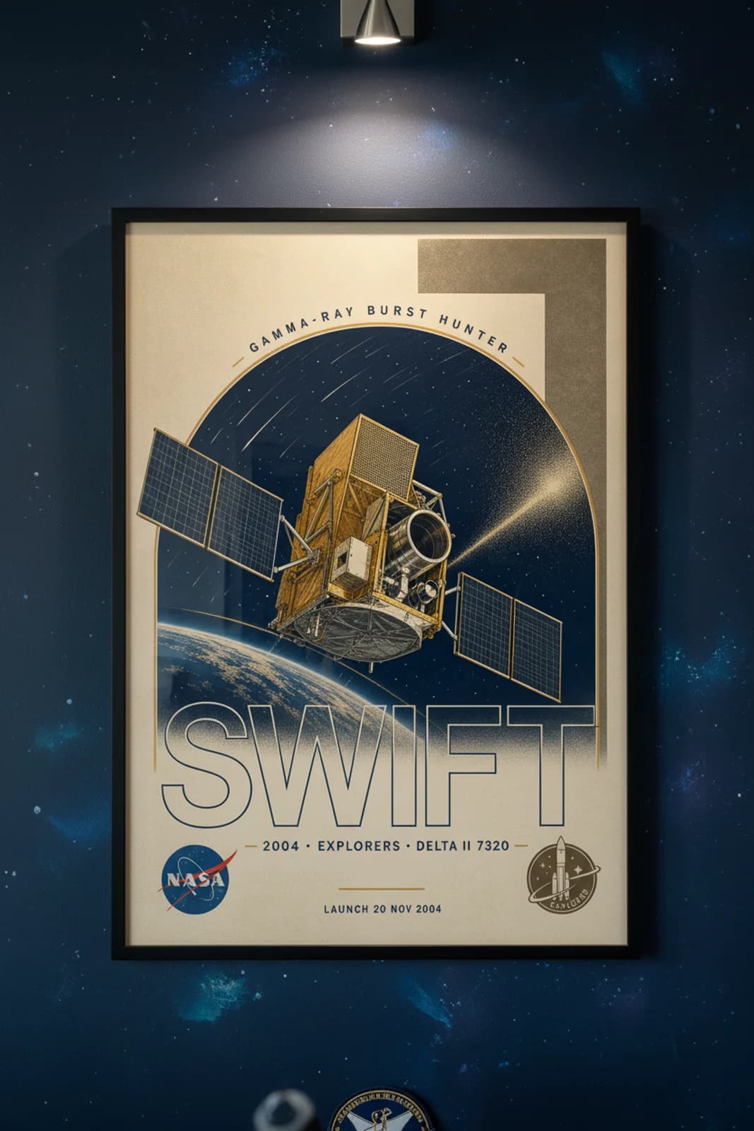 Swift poster in black A2 frame on deep-navy-space deep space navy wall — NASA Heritage collector study mockup