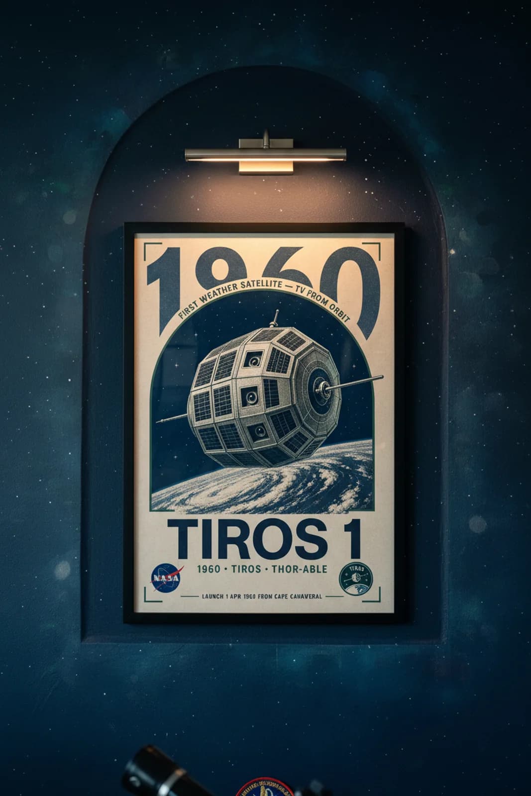 TIROS 1 poster in black A2 frame on deep-navy-arch-frame deep space navy wall — NASA Heritage collector study mockup