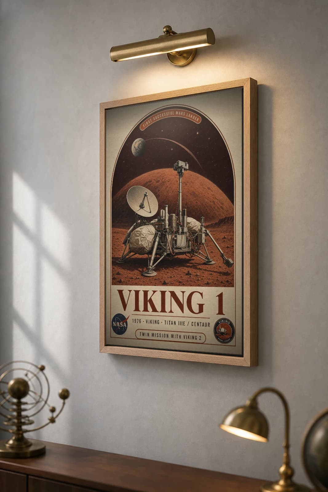 Viking 1 Poster — 1976 Titan IIIE / Centaur NASA Heritage Collector Print — the framed print shown at a three-quarter angle on a styled gallery wall in a natural-oak frame