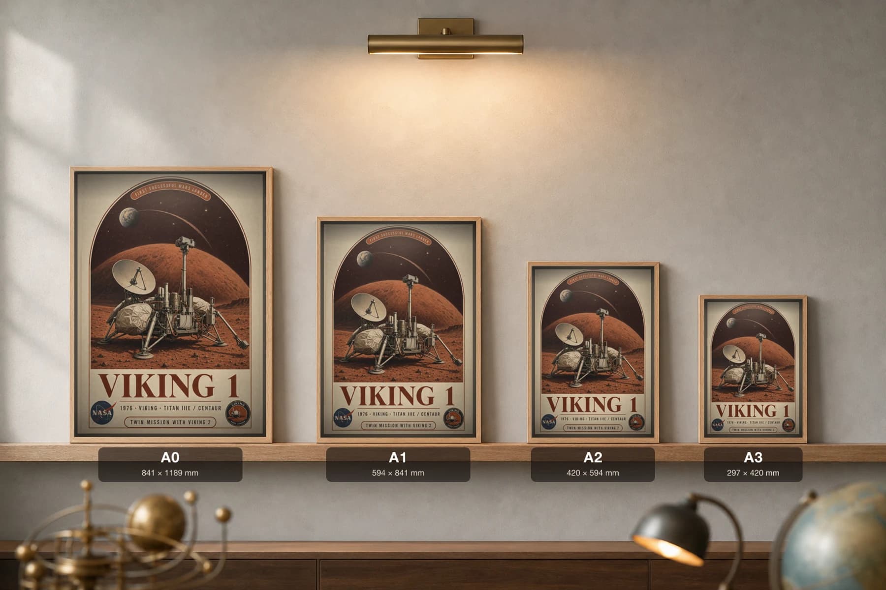 Viking 1 Poster — 1976 Titan IIIE / Centaur NASA Heritage Collector Print — print size guide showing the artwork at A0, A1, A2 and A3 in natural-oak frames at true relative scale