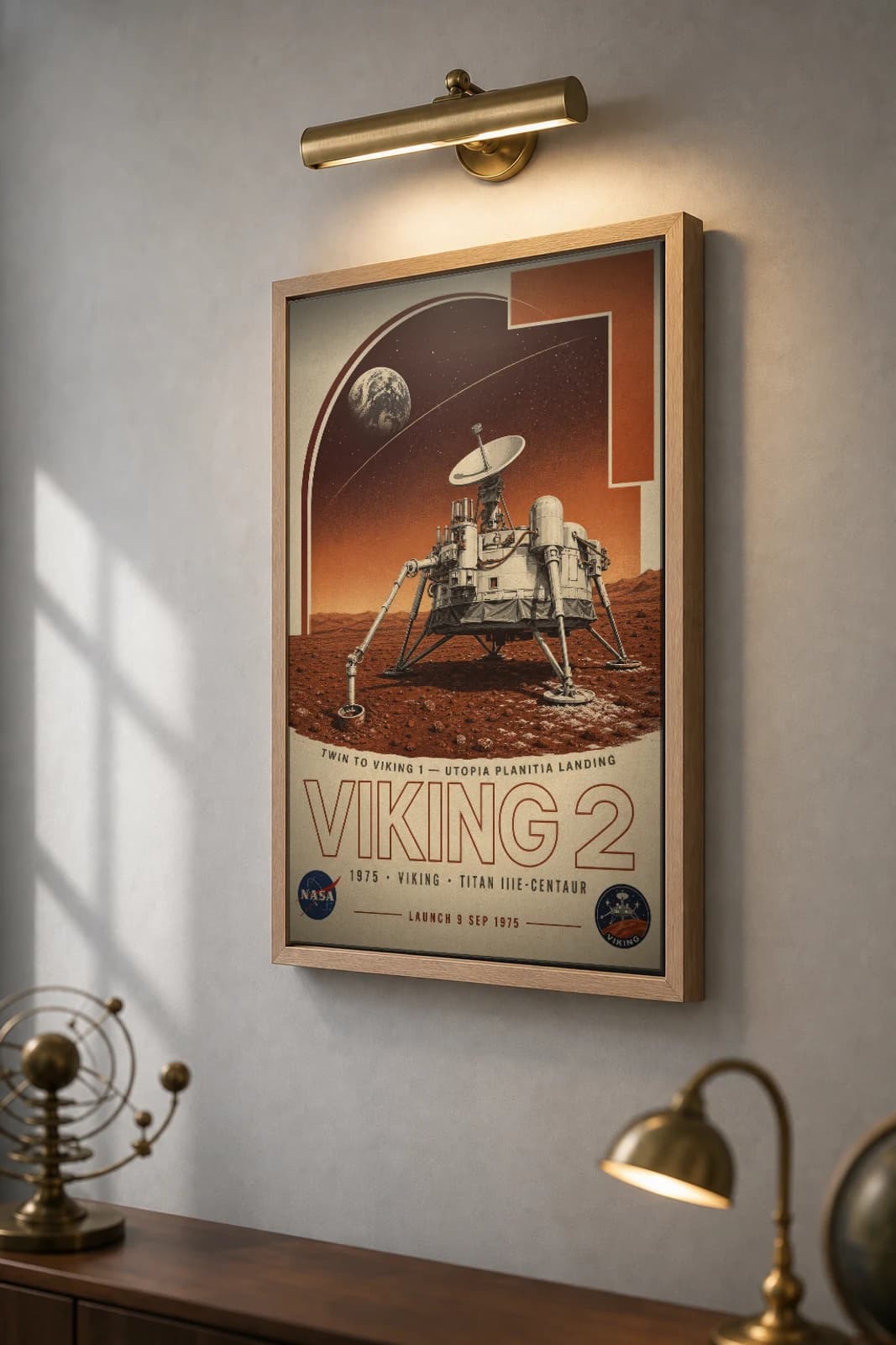 Viking 2 Poster — 1975 Utopia Planitia Mars Lander NASA Heritage Collector Print — the framed print shown at a three-quarter angle on a styled gallery wall in a natural-oak frame