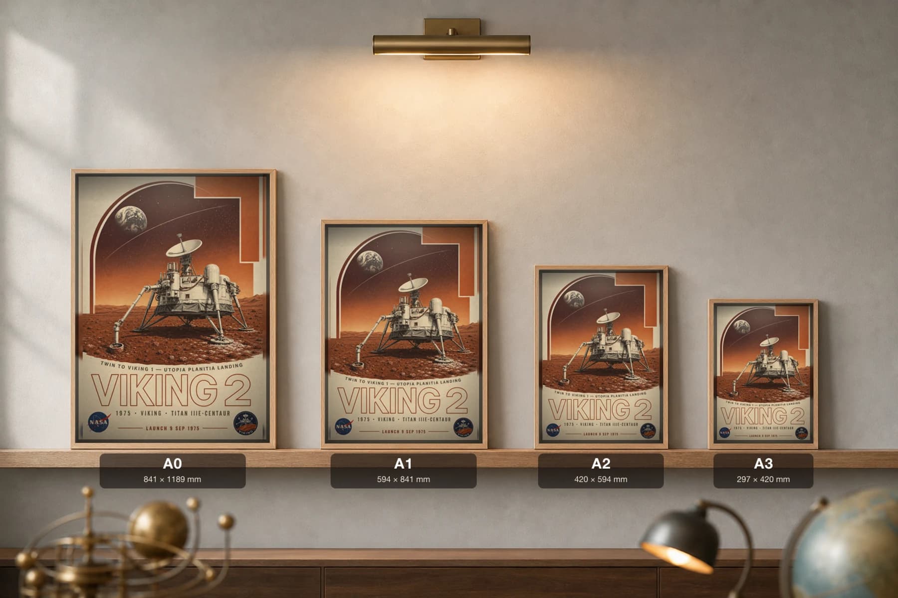 Viking 2 Poster — 1975 Utopia Planitia Mars Lander NASA Heritage Collector Print — print size guide showing the artwork at A0, A1, A2 and A3 in natural-oak frames at true relative scale