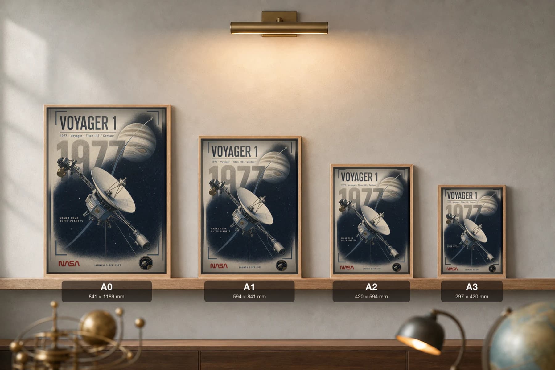 Voyager 1 Poster — 1977 Titan IIIE / Centaur NASA Heritage Collector Print — print size guide showing the artwork at A0, A1, A2 and A3 in natural-oak frames at true relative scale