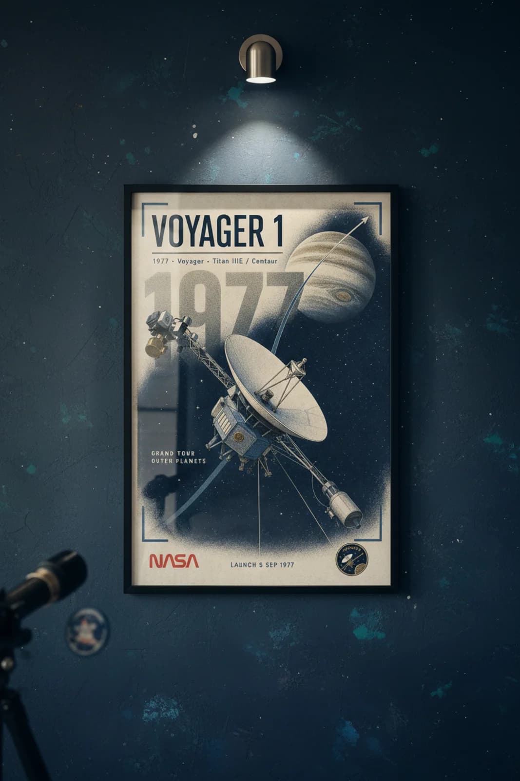 Voyager 1 — NASA Heritage Collector poster in black A2 frame on deep-navy-space deep space navy wall — NASA Heritage collector study mockup