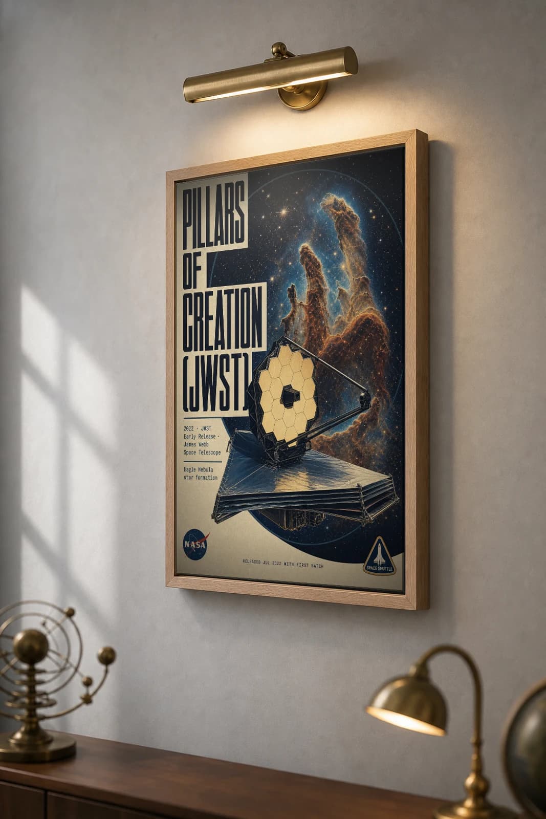 Pillars of Creation (JWST) Poster — 2022 Eagle Nebula NASA Heritage Collector Print — the framed print shown at a three-quarter angle on a styled gallery wall in a natural-oak frame