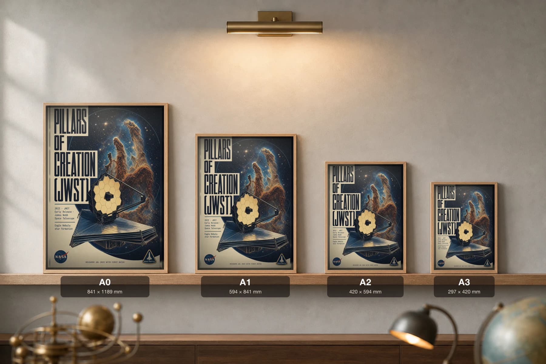 Pillars of Creation (JWST) Poster — 2022 Eagle Nebula NASA Heritage Collector Print — print size guide showing the artwork at A0, A1, A2 and A3 in natural-oak frames at true relative scale