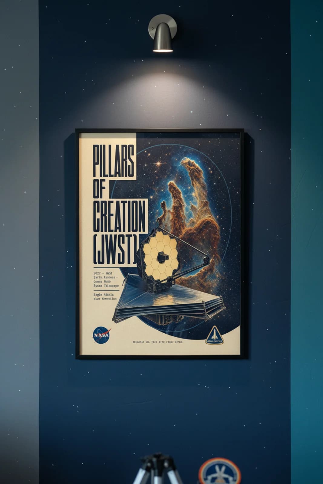 Pillars of Creation (JWST) poster in black A2 frame on jwst-gold-mirror deep space navy wall — NASA Heritage collector study mockup