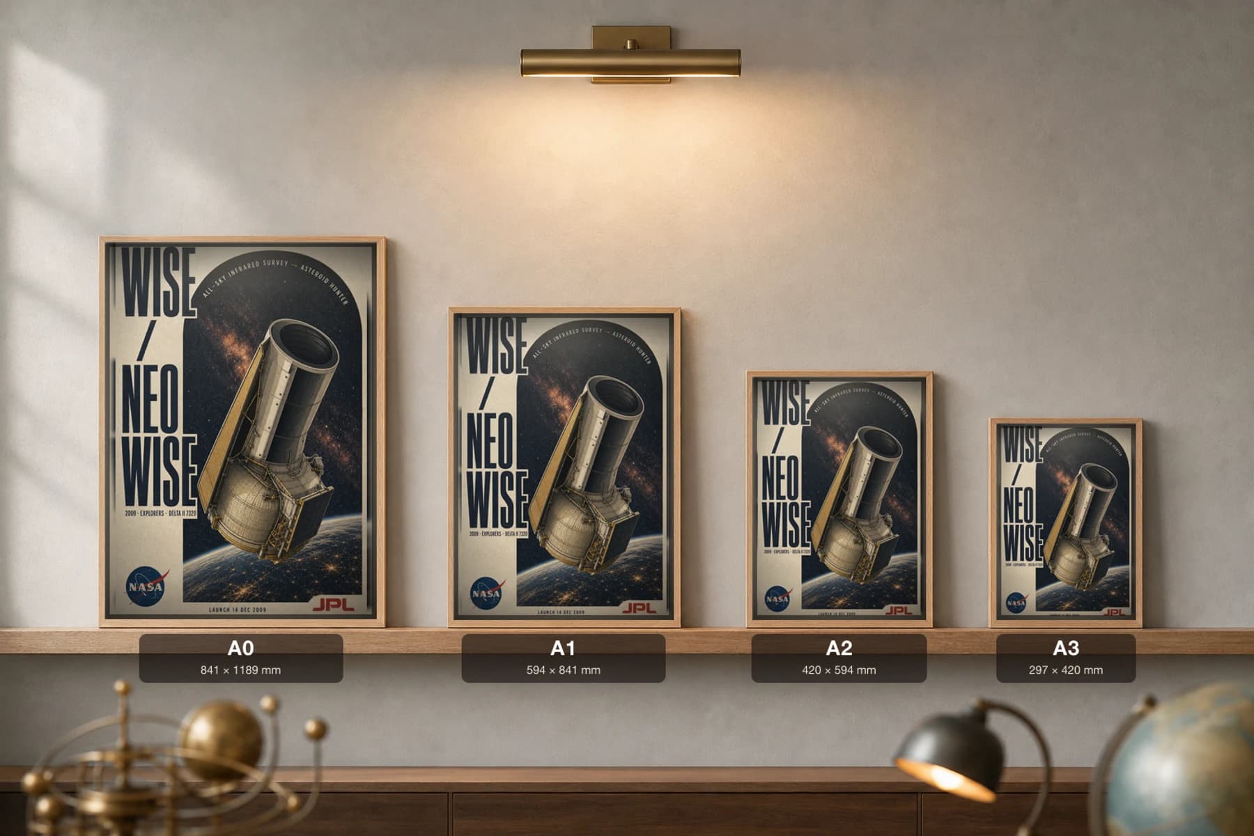 WISE / NEOWISE Poster — 2009 Delta II 7320 NASA Heritage Collector Print — print size guide showing the artwork at A0, A1, A2 and A3 in natural-oak frames at true relative scale
