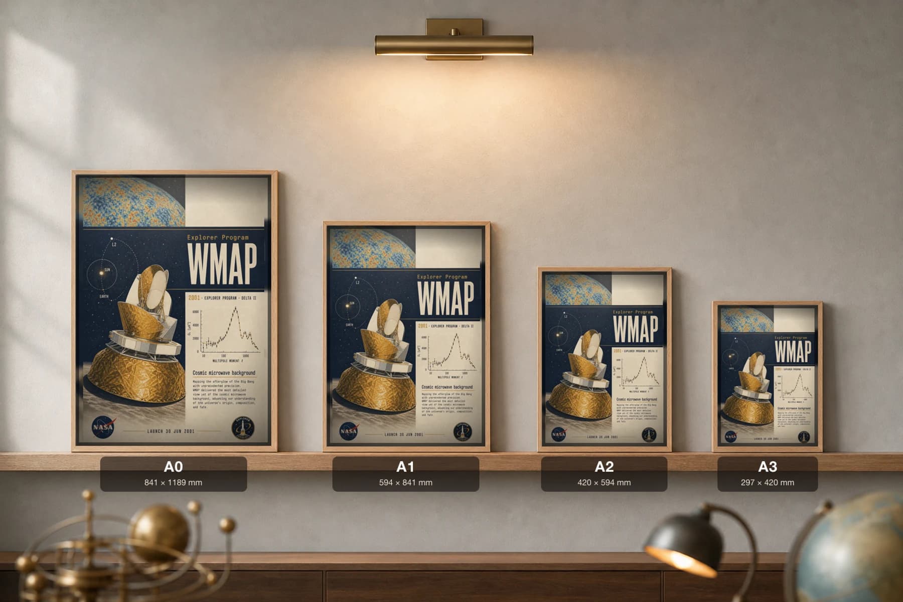 WMAP Poster — 2001 Cosmic Microwave Background NASA Heritage Collector Print — print size guide showing the artwork at A0, A1, A2 and A3 in natural-oak frames at true relative scale
