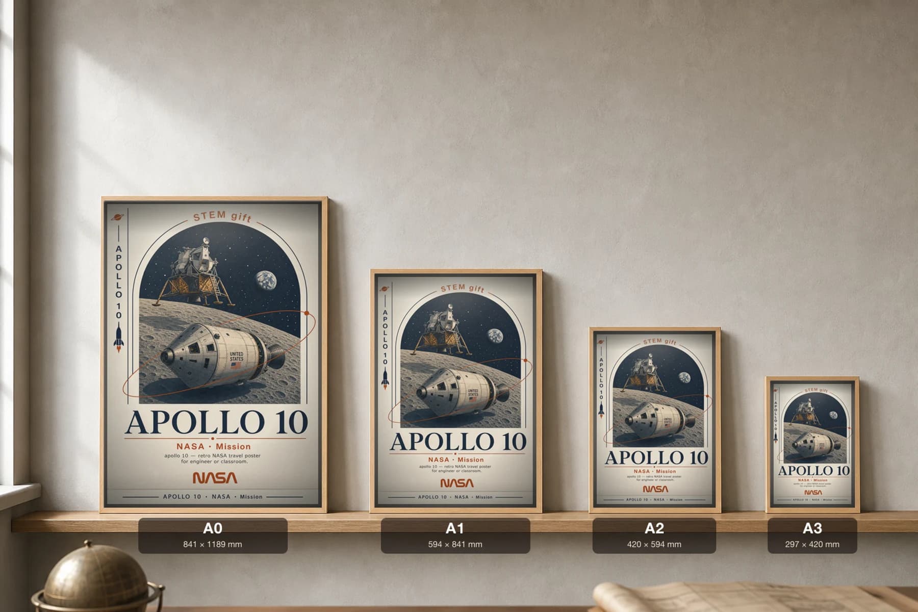 APOLLO 10 Poster — 1973 Saturn V / CSM-LM NASA Missions Commemorative Sheet — print size guide showing the artwork at A0, A1, A2 and A3 in natural-oak frames at true relative scale