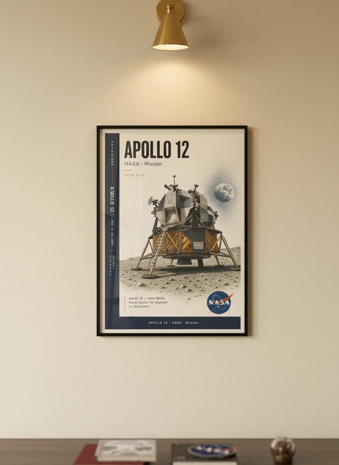 APOLLO 12 — NASA Missions poster in black A2 frame on warm-cream-paper wall matching print paper — NASA Missions study mockup