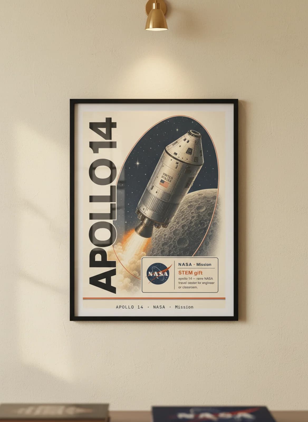 APOLLO 14 — NASA Missions poster in black A2 frame on warm-cream-paper wall matching print paper — NASA Missions study mockup