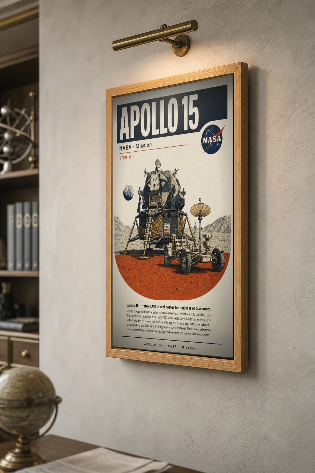 APOLLO 15 Poster — 1973 Saturn V / CSM-LM NASA Missions Commemorative Sheet — the framed print shown at a three-quarter angle on a styled gallery wall in a natural-oak frame