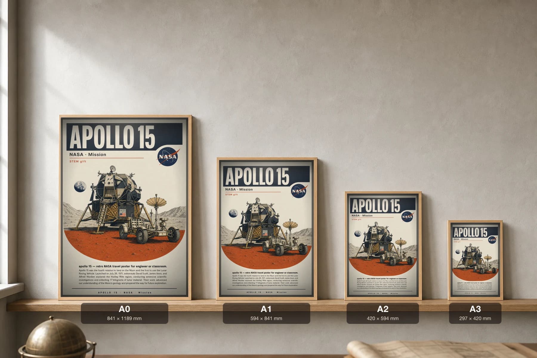 APOLLO 15 Poster — 1973 Saturn V / CSM-LM NASA Missions Commemorative Sheet — print size guide showing the artwork at A0, A1, A2 and A3 in natural-oak frames at true relative scale