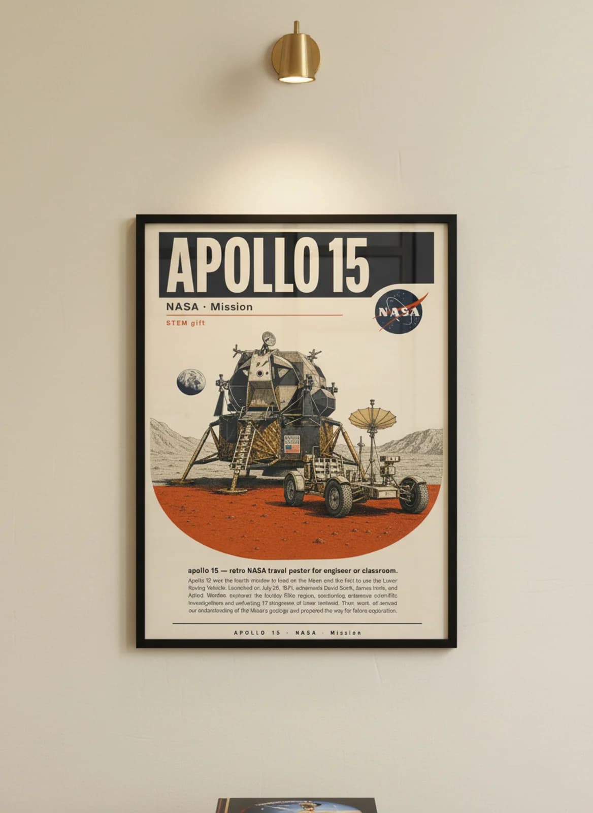 APOLLO 15 — NASA Missions poster in black A2 frame on warm-cream-paper wall matching print paper — NASA Missions study mockup