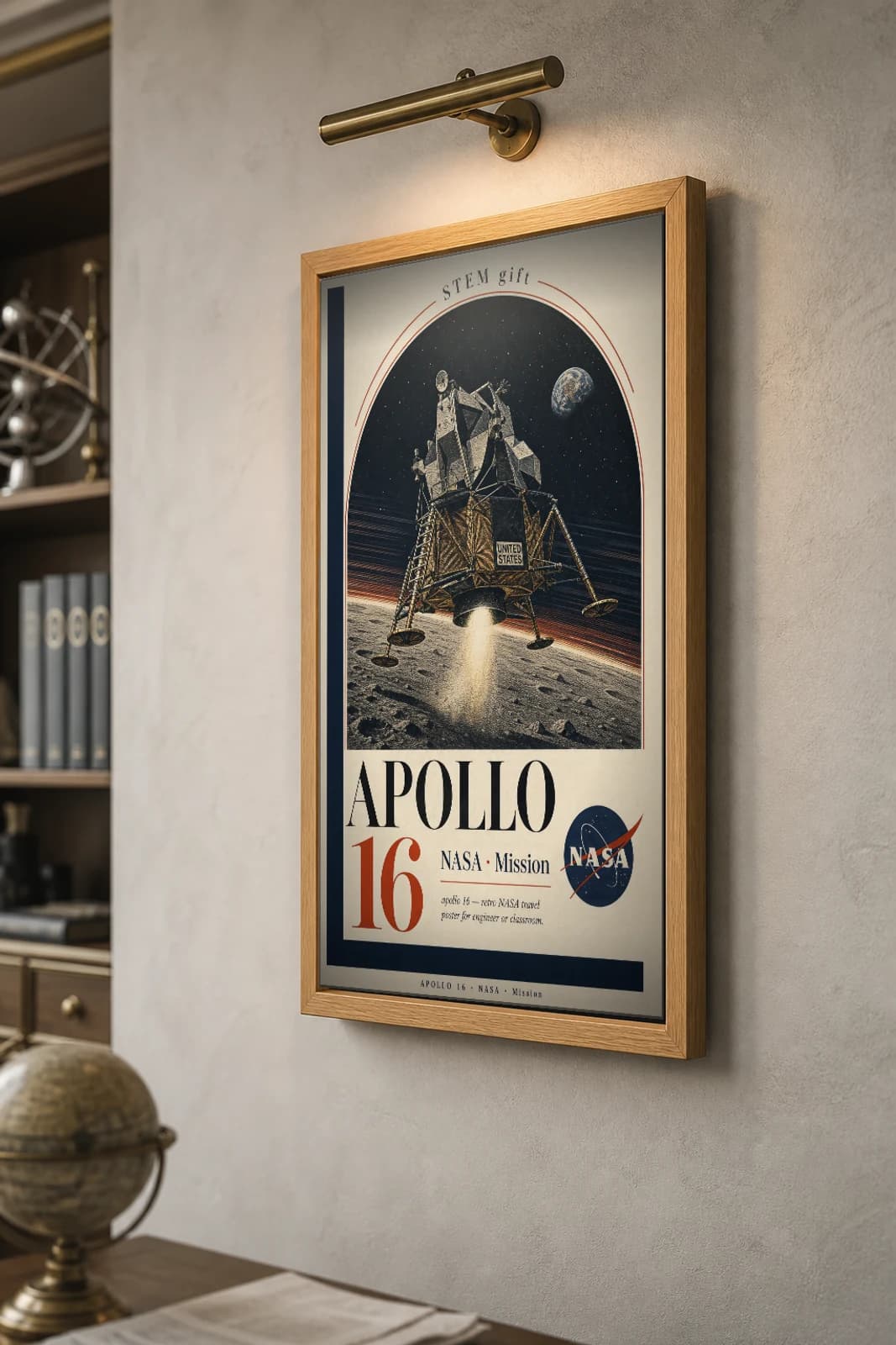 APOLLO 16 Poster — 1973 Saturn V / CSM-LM NASA Missions Commemorative Sheet — the framed print shown at a three-quarter angle on a styled gallery wall in a natural-oak frame
