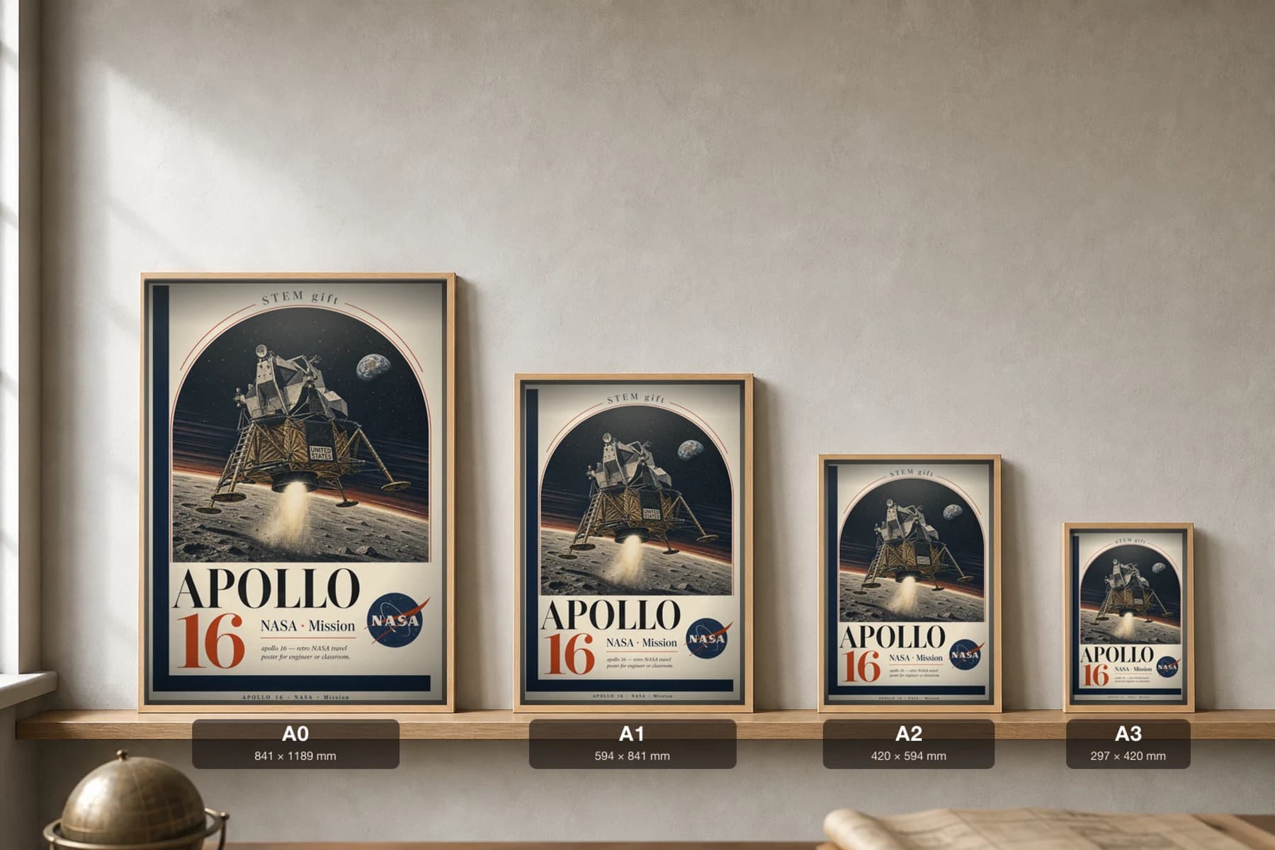 APOLLO 16 Poster — 1973 Saturn V / CSM-LM NASA Missions Commemorative Sheet — print size guide showing the artwork at A0, A1, A2 and A3 in natural-oak frames at true relative scale