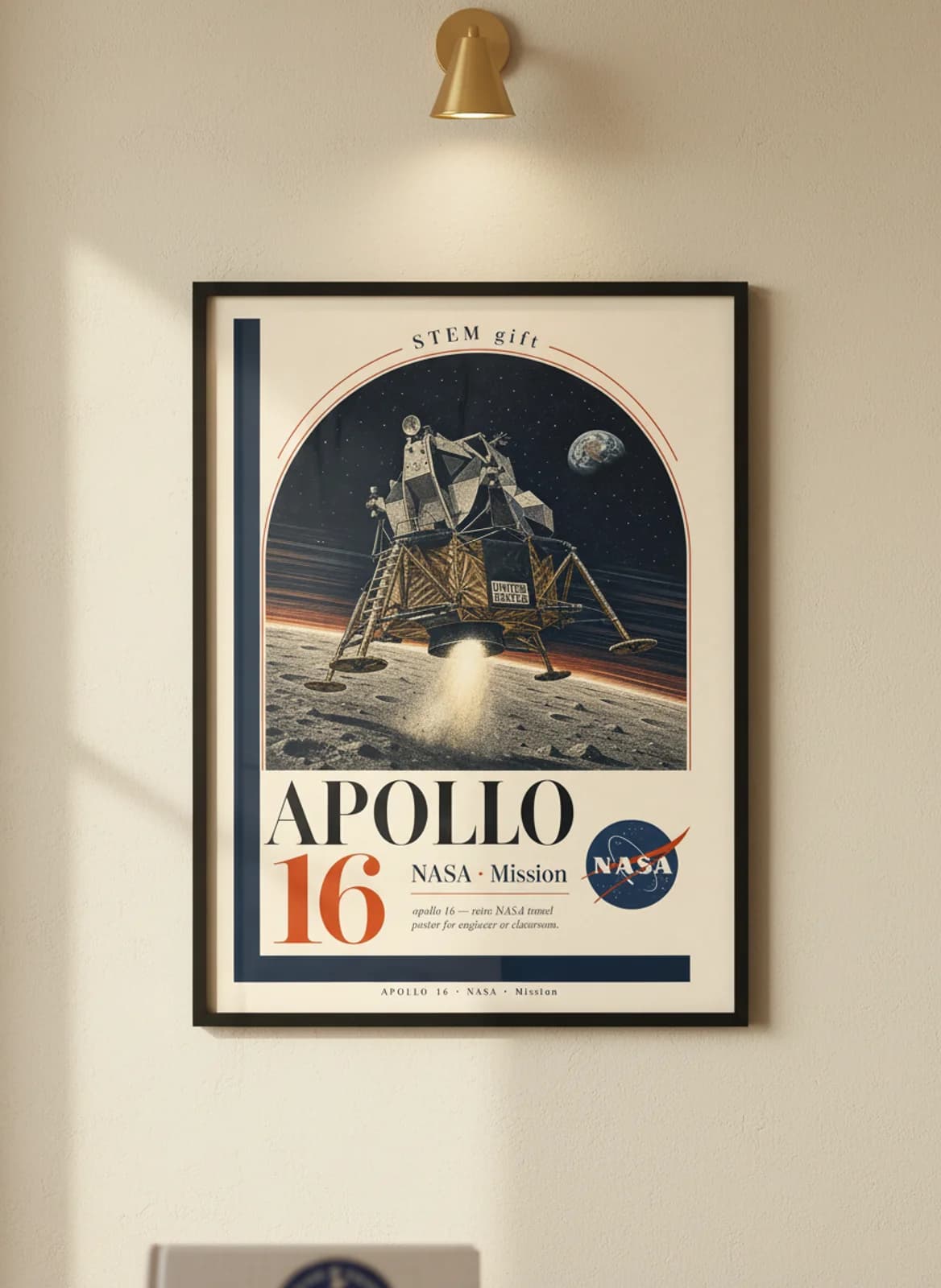 APOLLO 16 — NASA Missions poster in black A2 frame on warm-cream-paper wall matching print paper — NASA Missions study mockup