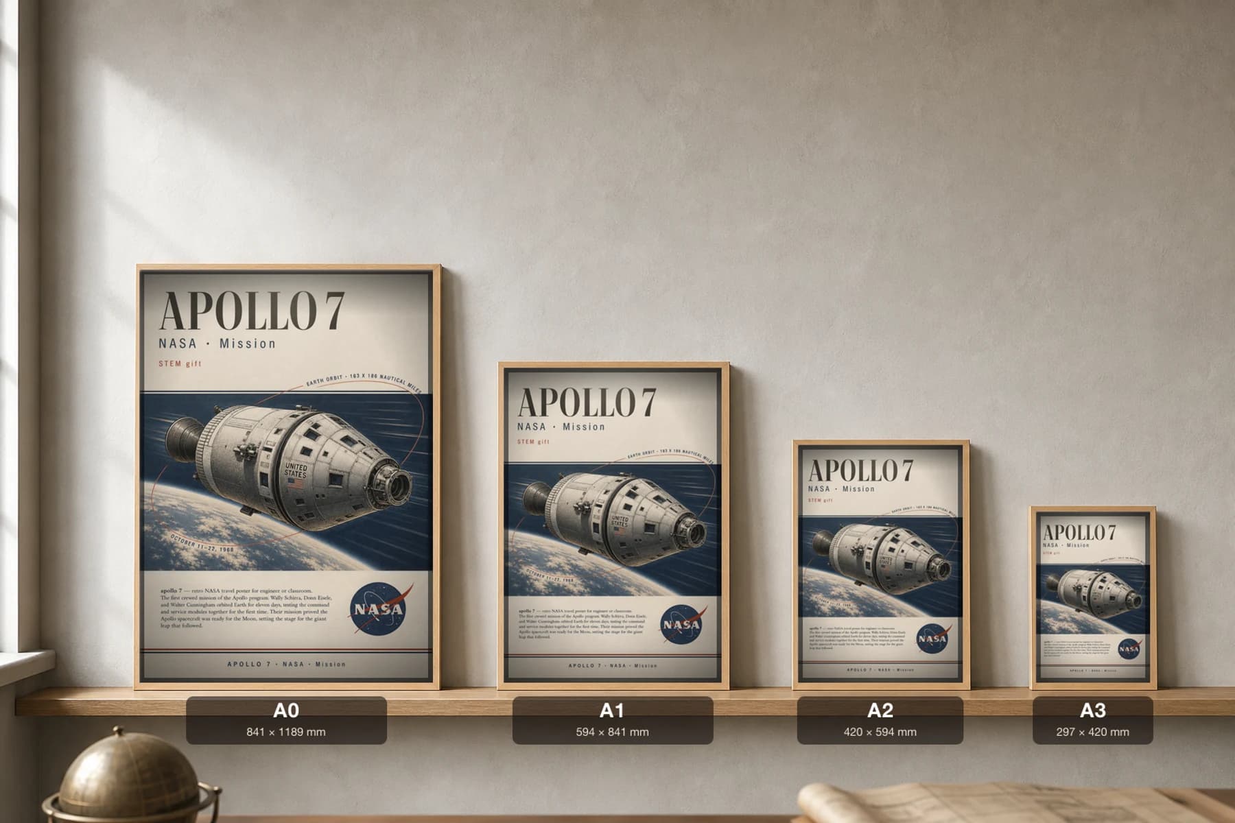 APOLLO 7 Poster — 1968 Saturn IB AS-205 NASA Missions Commemorative Sheet — print size guide showing the artwork at A0, A1, A2 and A3 in natural-oak frames at true relative scale