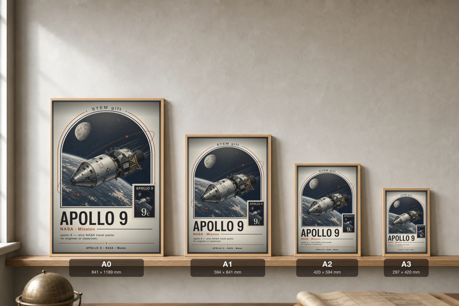 APOLLO 9 Poster — 1973 Saturn V / CSM-LM NASA Missions Commemorative Sheet — print size guide showing the artwork at A0, A1, A2 and A3 in natural-oak frames at true relative scale