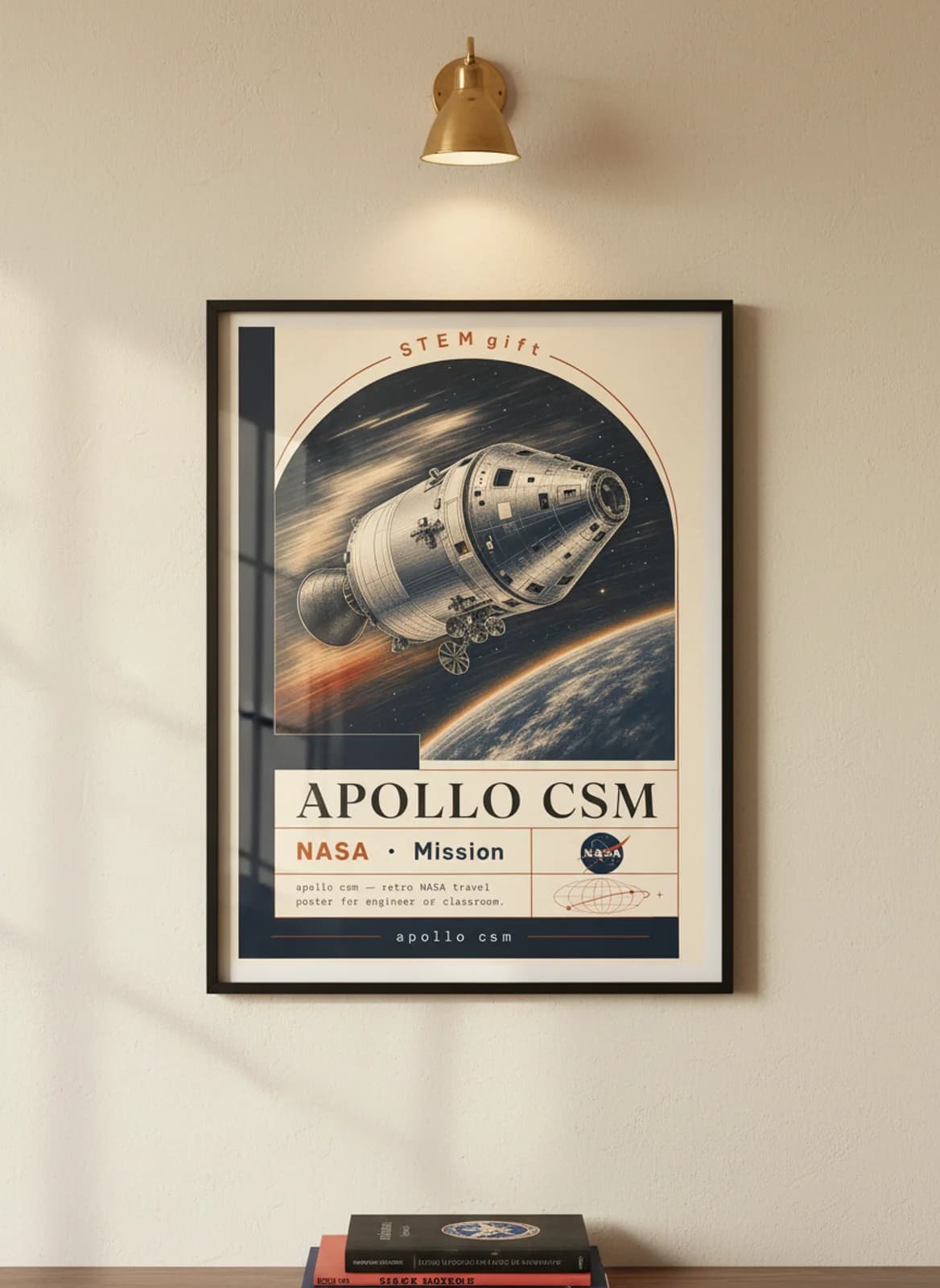 APOLLO CSM — NASA Missions poster in black A2 frame on warm-cream-paper wall matching print paper — NASA Missions study mockup