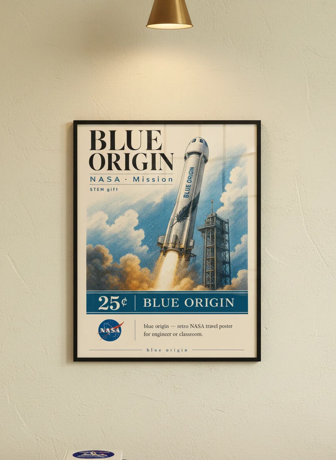 BLUE ORIGIN — NASA Missions poster in black A2 frame on warm-cream-paper wall matching print paper — NASA Missions study mockup