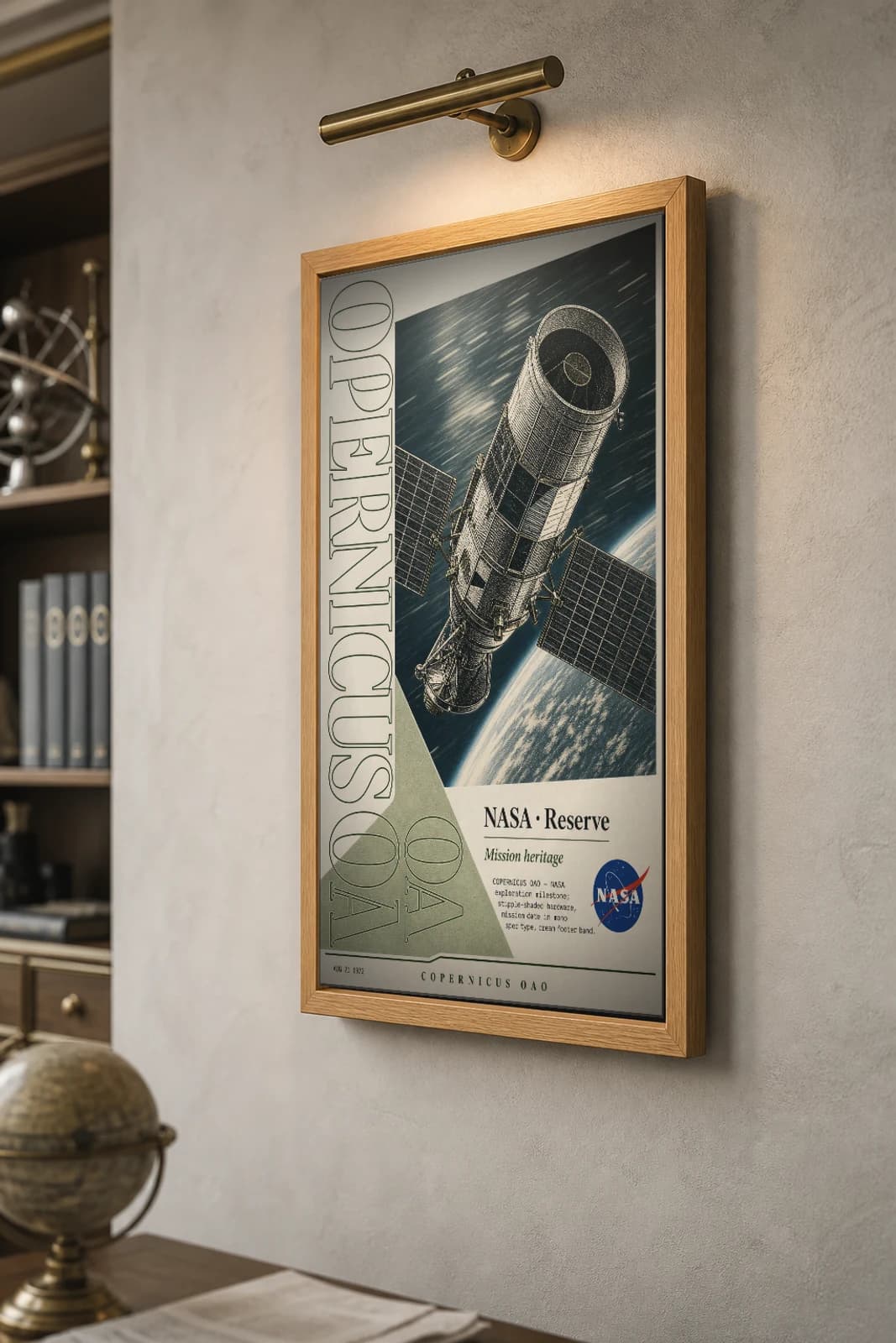 COPERNICUS OAO Poster — 1970 COPERNICUS OAO spacecraft NASA Missions Commemorative Sheet — the framed print shown at a three-quarter angle on a styled gallery wall in a natural-oak frame