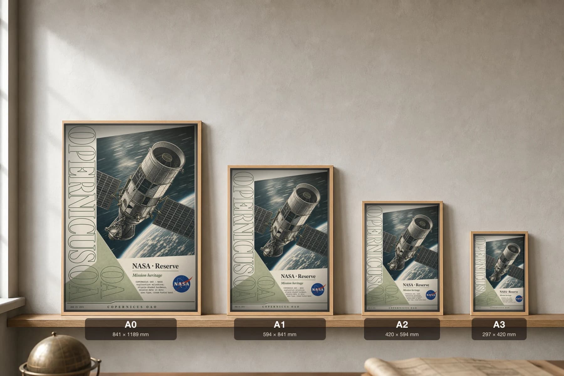 COPERNICUS OAO Poster — 1970 COPERNICUS OAO spacecraft NASA Missions Commemorative Sheet — print size guide showing the artwork at A0, A1, A2 and A3 in natural-oak frames at true relative scale