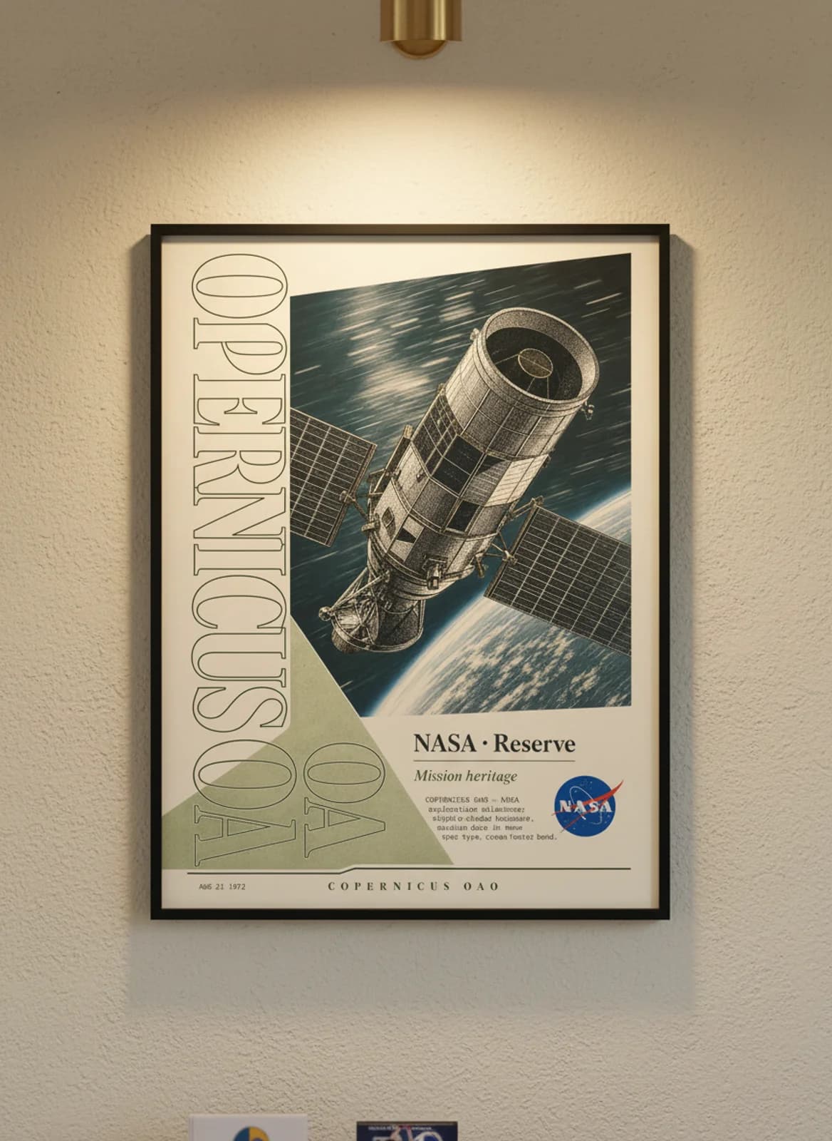 COPERNICUS OAO — NASA Missions poster in black A2 frame on warm-cream-paper wall matching print paper — NASA Missions study mockup