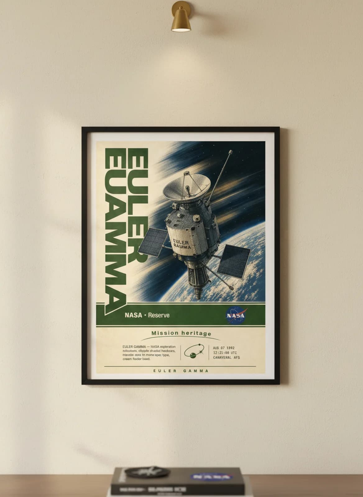 EULER GAMMA — NASA Missions poster in black A2 frame on warm-cream-paper wall matching print paper — NASA Missions study mockup