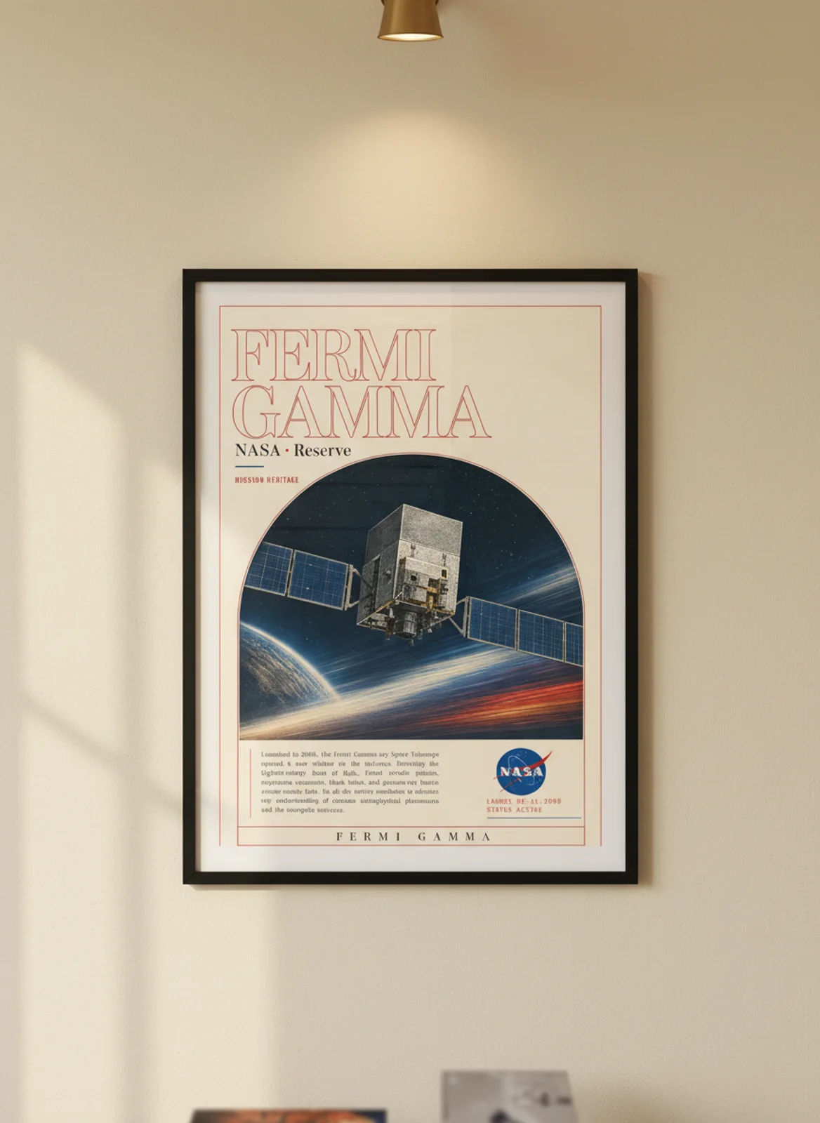 FERMI GAMMA — NASA Missions poster in black A2 frame on warm-cream-paper wall matching print paper — NASA Missions study mockup