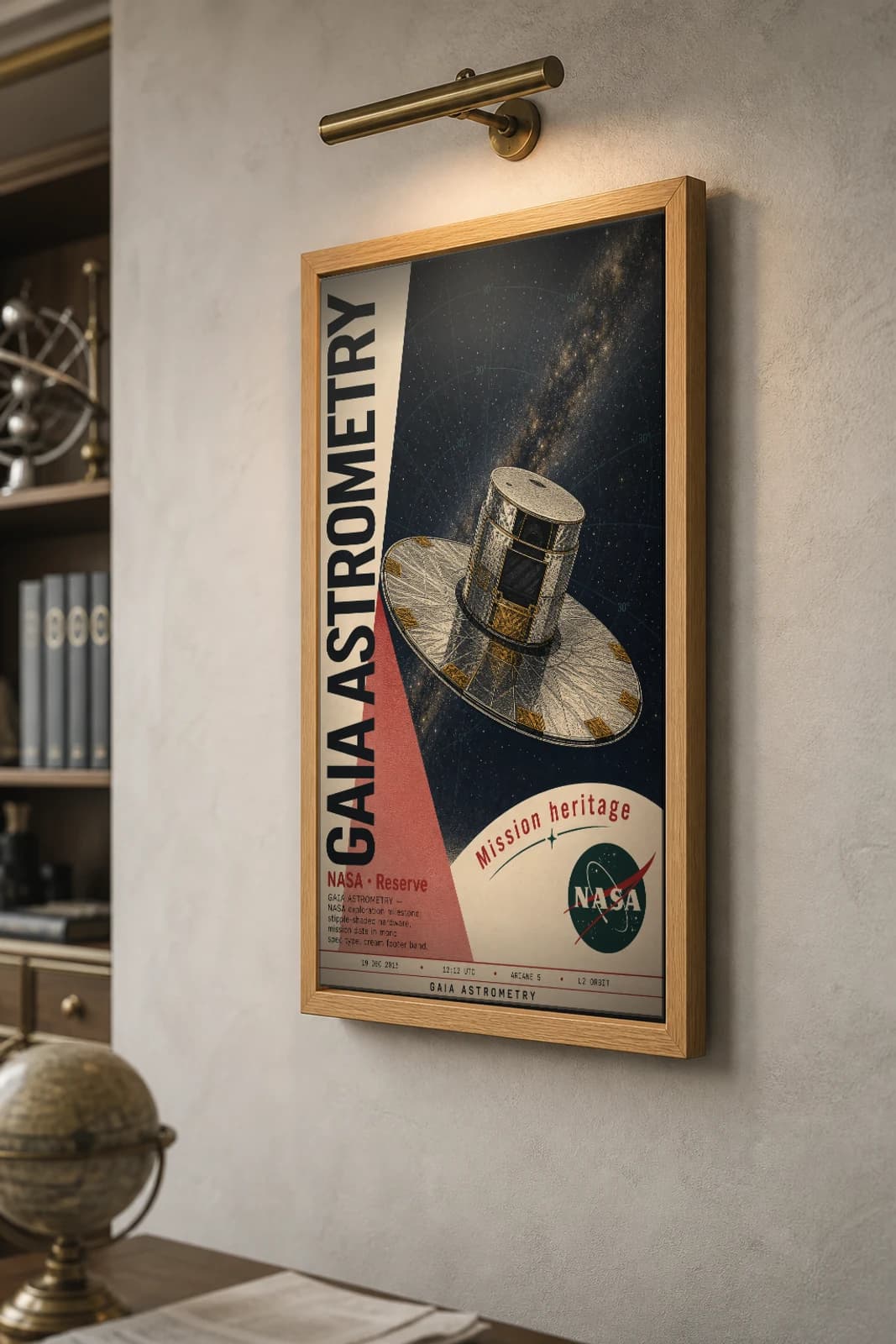 GAIA ASTROMETRY Poster — 2000 Space observatory NASA Missions Commemorative Sheet — the framed print shown at a three-quarter angle on a styled gallery wall in a natural-oak frame