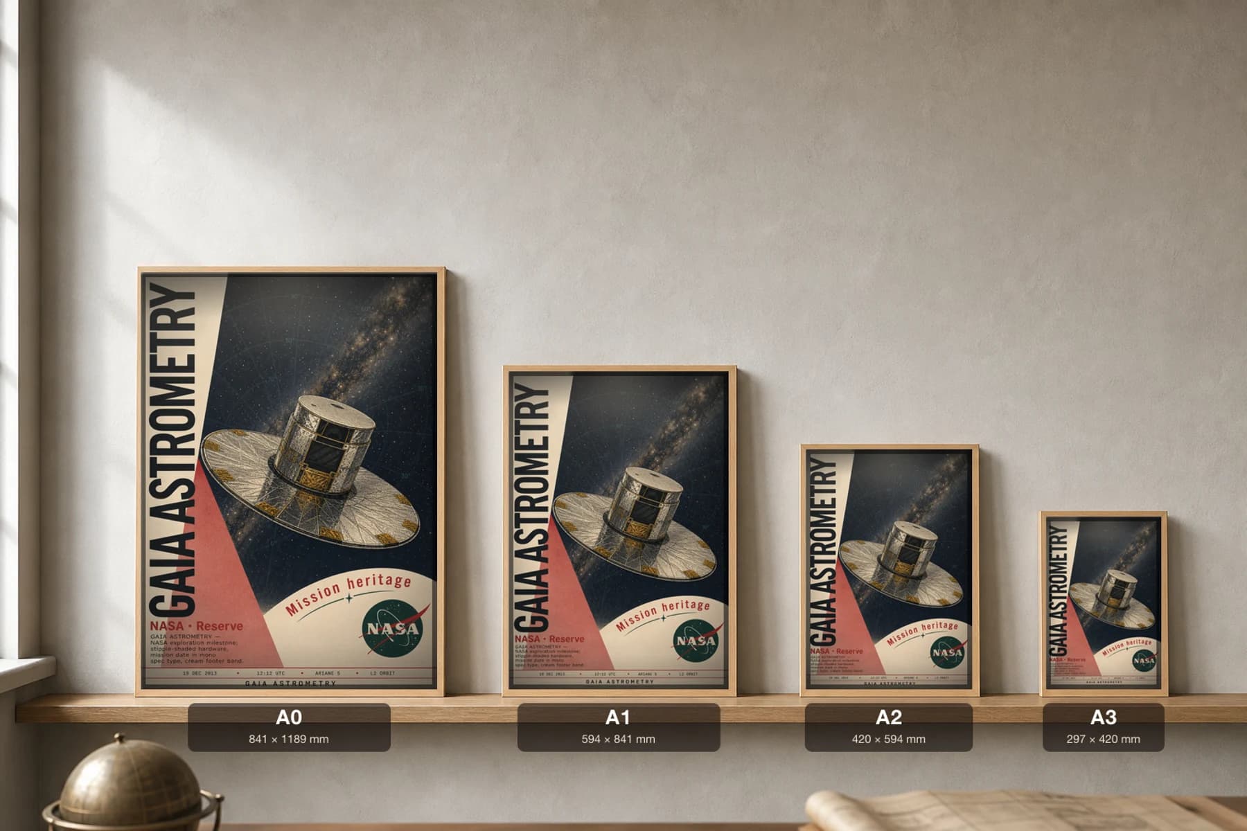 GAIA ASTROMETRY Poster — 2000 Space observatory NASA Missions Commemorative Sheet — print size guide showing the artwork at A0, A1, A2 and A3 in natural-oak frames at true relative scale