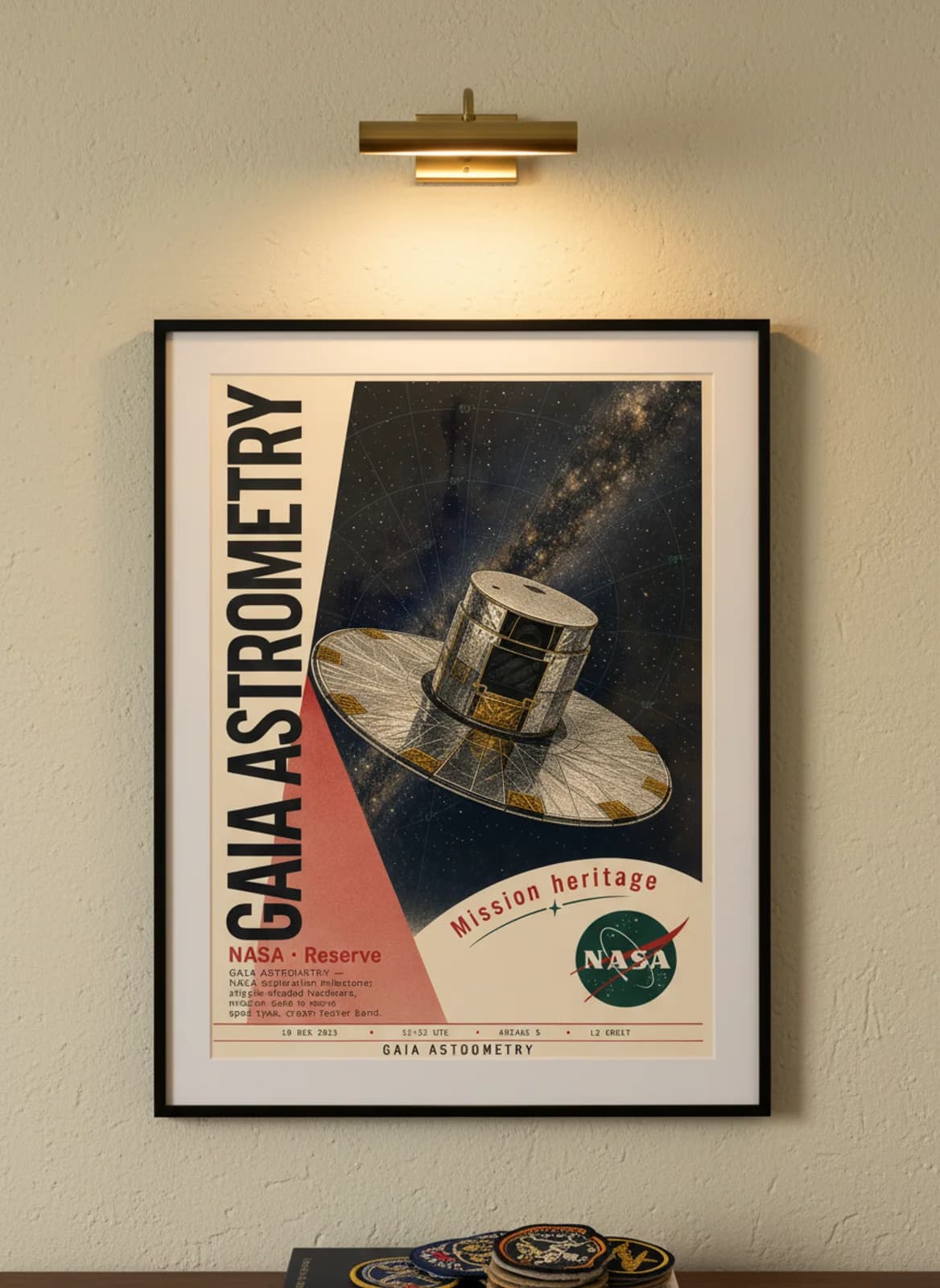 GAIA ASTROMETRY — NASA Missions poster in black A2 frame on warm-cream-paper wall matching print paper — NASA Missions study mockup